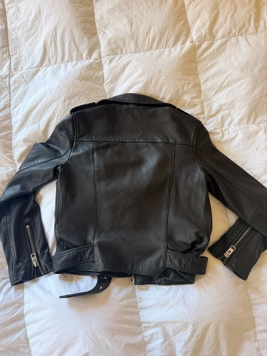 All Saints Black Leather Moto Jacket with Belt - Picture 5 of 8